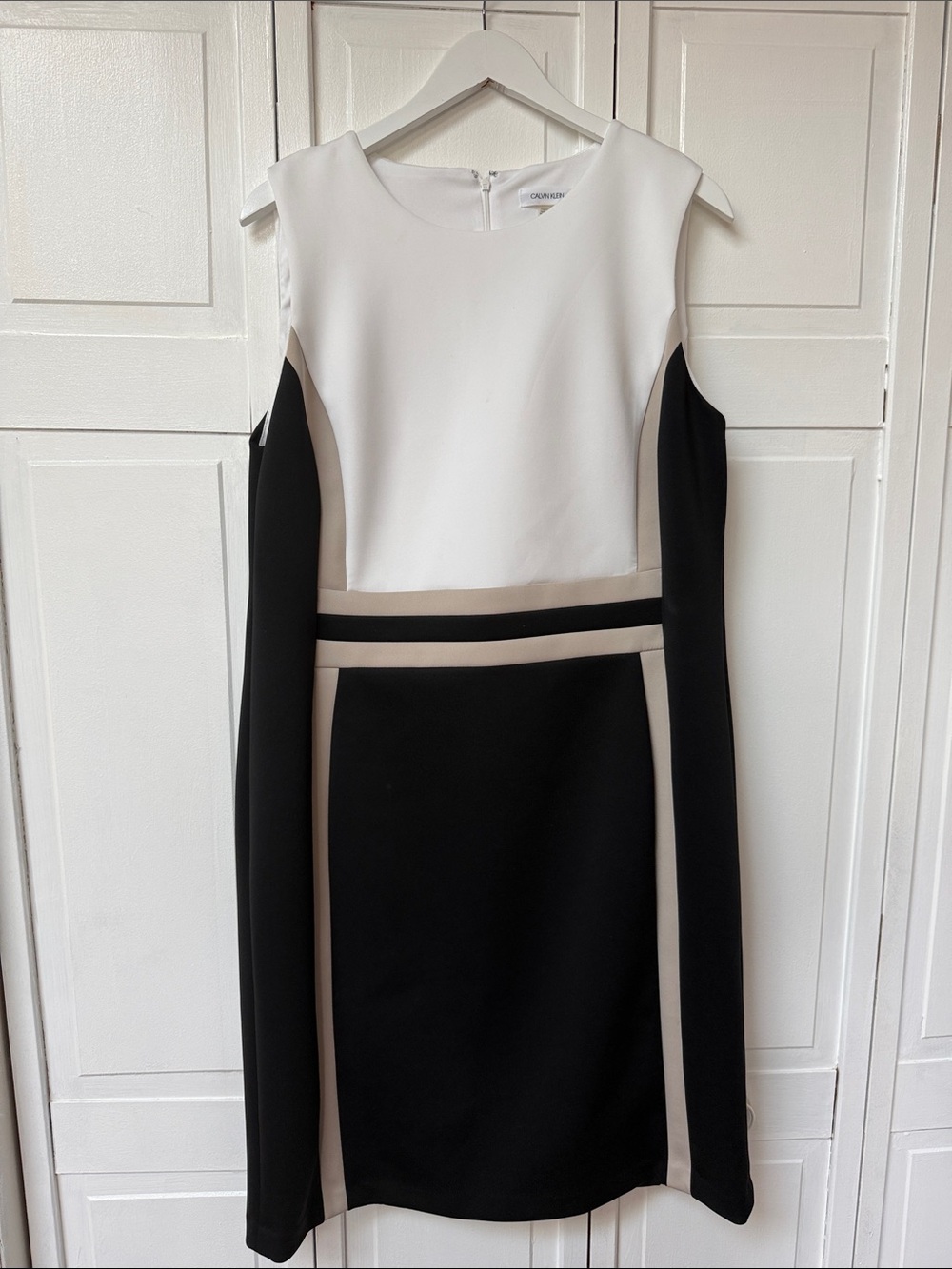 Calvin Klein White, Black & Taupe Colorblock Midi Sheath Dress